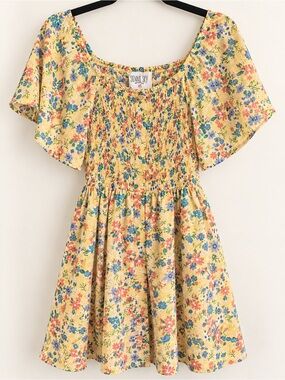 Sienna Sky XS Yellow Floral Smocked Mini Dress Flutter Sleeve